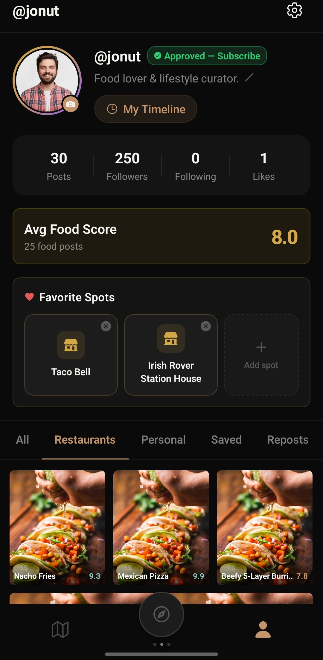 HAVEN. app showing a feed of aesthetic food and drink photos from friends